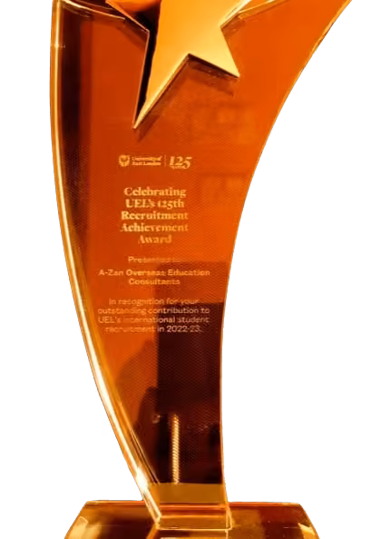 The University of East London's 125th Recruitment Achievement Award presented to A-Zan Overseas Education Consultants for its contribution to international student recruitment in 2022–23.